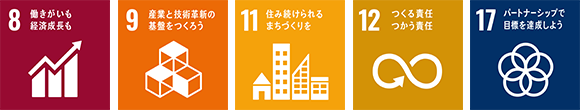 アイコン：SDGs　8働きがいも経済成長も　9産業と技術革新の基盤をつくろう　11住み続けられるまつづくりを　12つくる責任つかう責任　17パートナーシップで目標を達成しよう