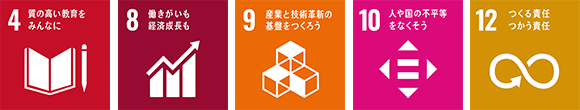 アイコン：SDGs　4質の高い教育をみんなに　8働きがいも経済成長も　9産業と技術革新の基盤をつくろう　10人や国の不平等をなくそう　12つくる責任つかう責任